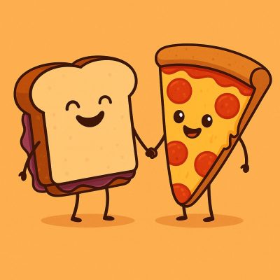A ChatGBT generated image showing a peanut butter sandwich holding hands with a slice of pizza to celebrate the new union