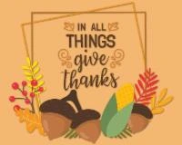 A picture of acorns and leaves with the message "In all Things Give Thanks"