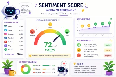 The AI generated image shows an animated media monitoring dashboard focused on sentiment score