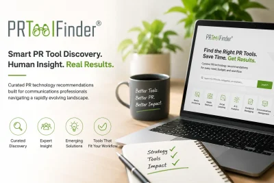 Image showing coffee cup at workstation with PRToolFinder logo and benefits of membership