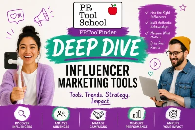 Image announces Deep Dive blog post for Influencer Marketing Tools and shows two influencers one taking a selfie and another online