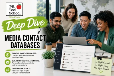 The image introducing the deep dive to media contact databases features a group of young PR execs gathered around a laptop reviewing results and smiling