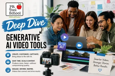 This image shows a diverse group of smiling PR pros around a laptop as an intro to the Deep Dive into Generative AI Video Tools